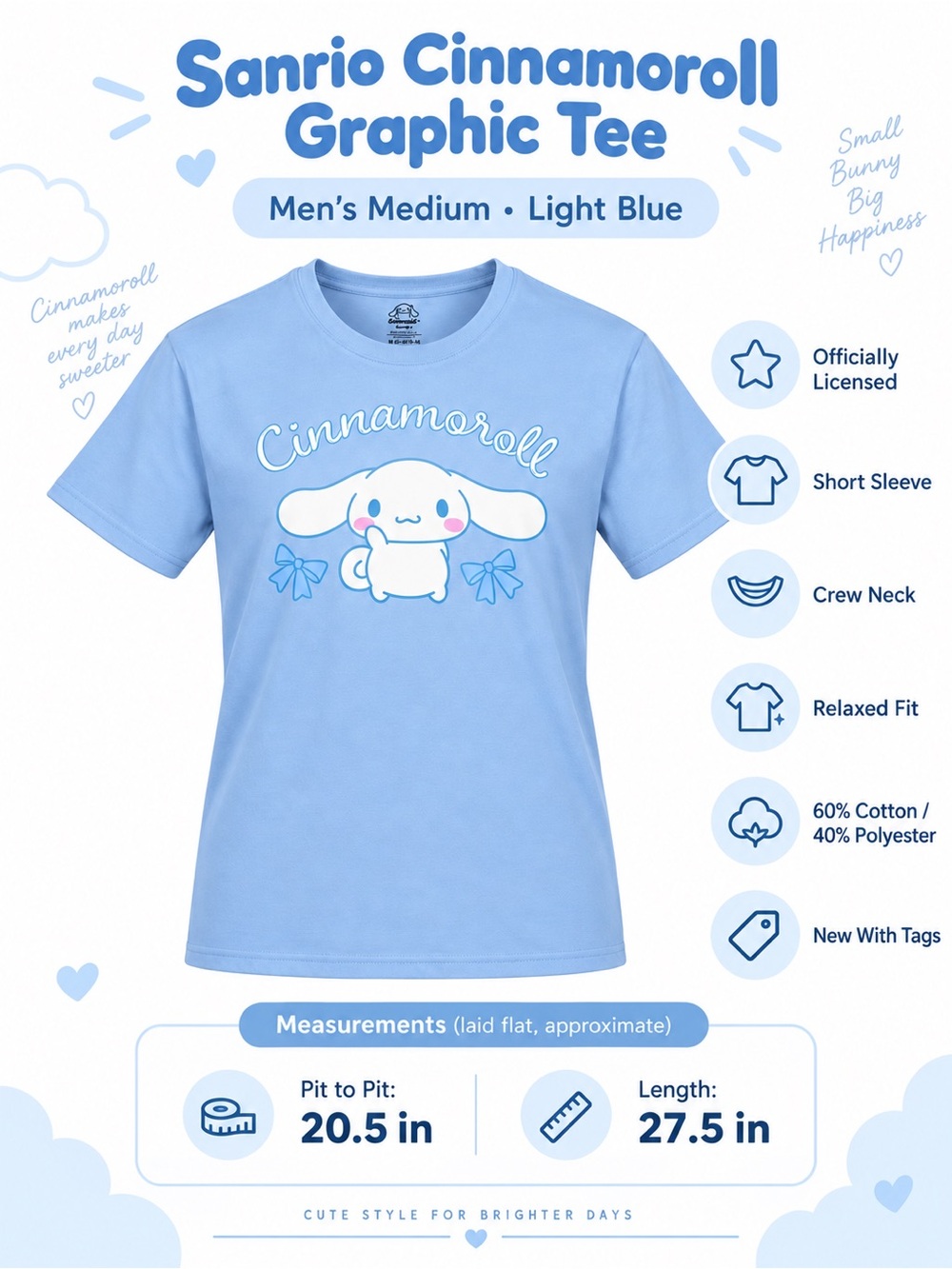 Sanrio Cinnamoroll Men's M Graphic Tee Light Blue NWT Kawaii Relaxed Fit T-Shirt - Picture 11 of 13